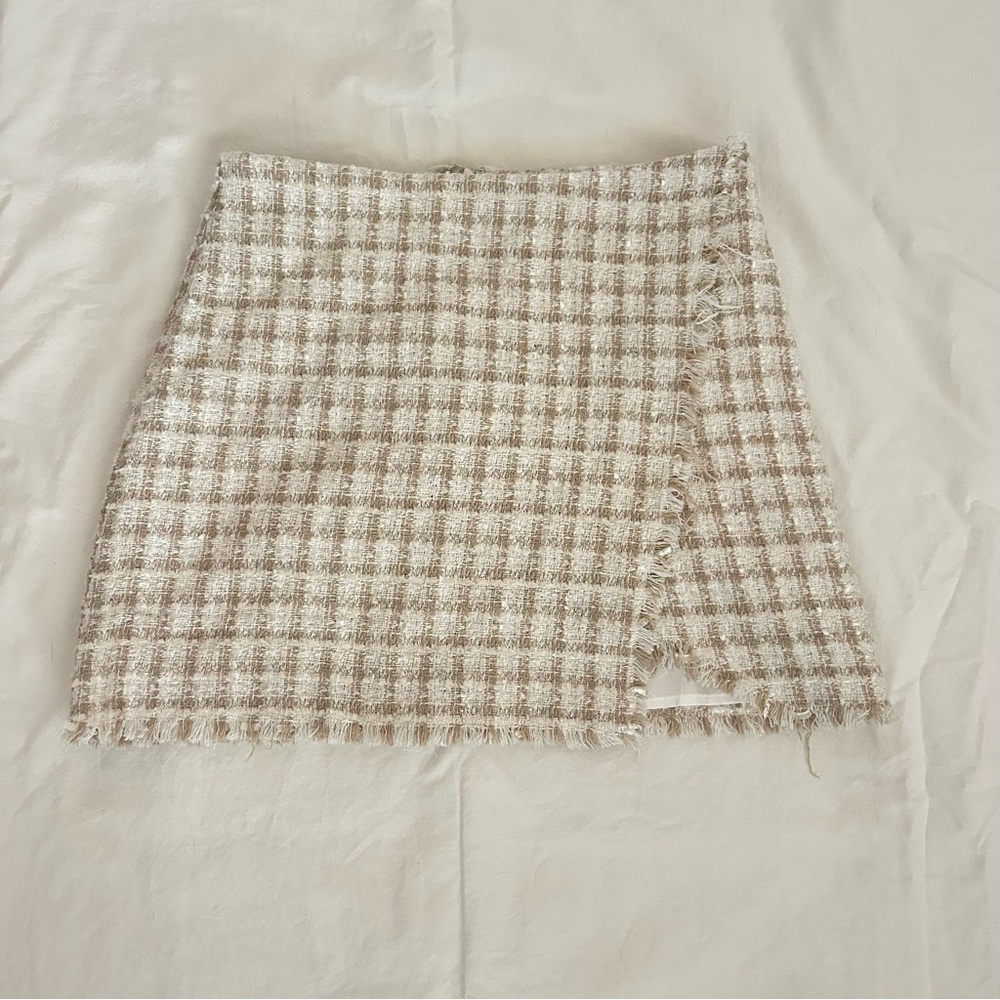 Lulu's Preppy Reputation Ivory Plaid Tweed Faux Wrap Mini Skirt
